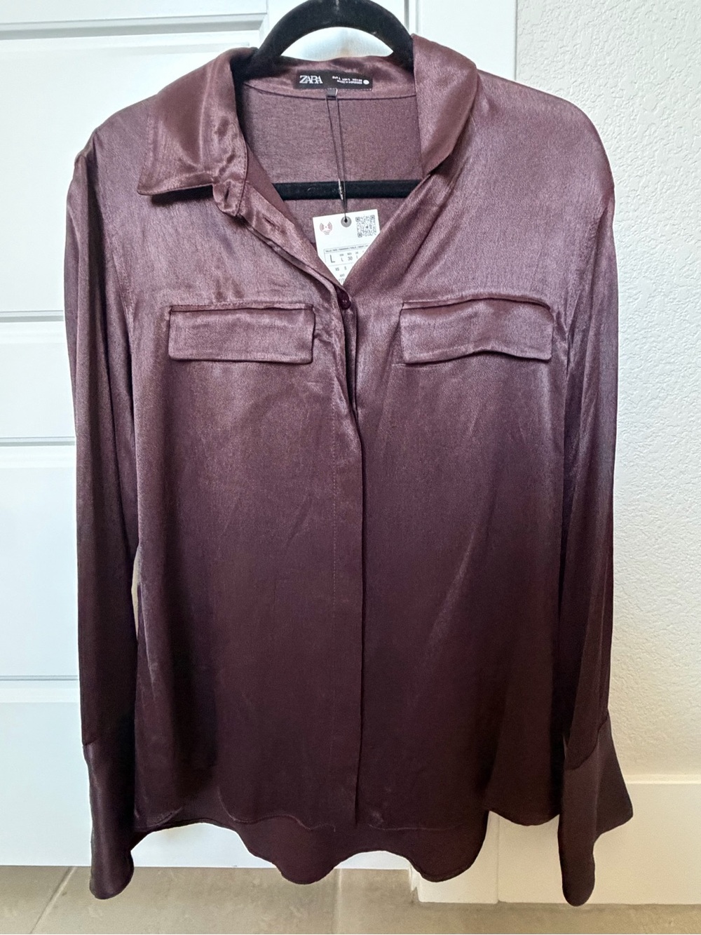 Zara Button-Down Satin Shirt in Plum